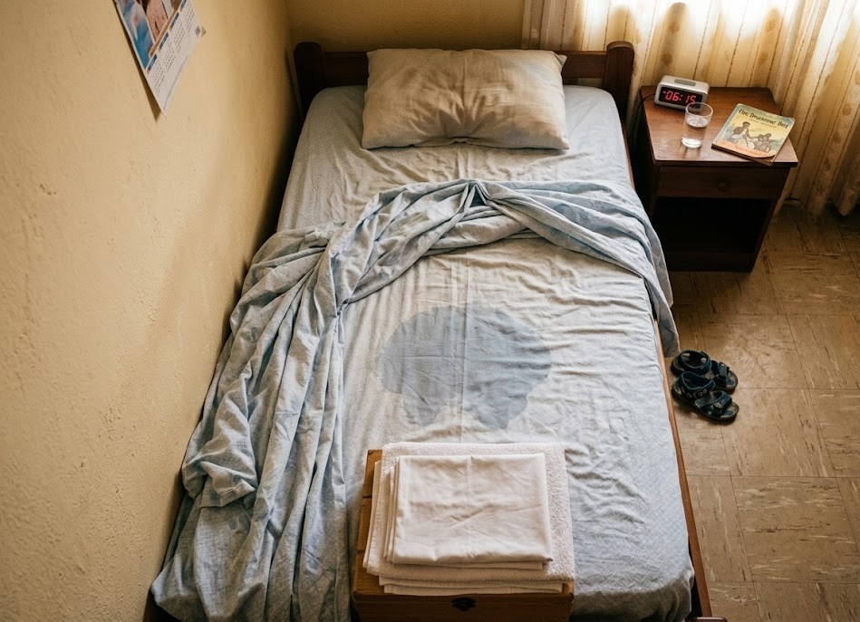 Empty child bed with wet patch at 6am